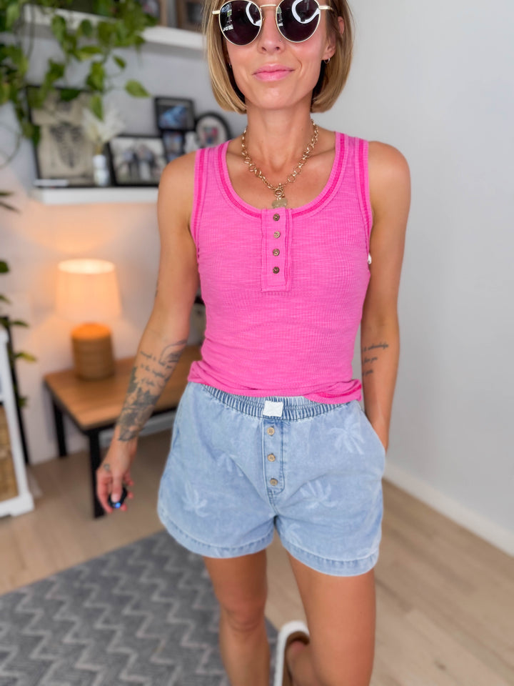 Tropical Breeze Ribbed Henley Tank- CANDY