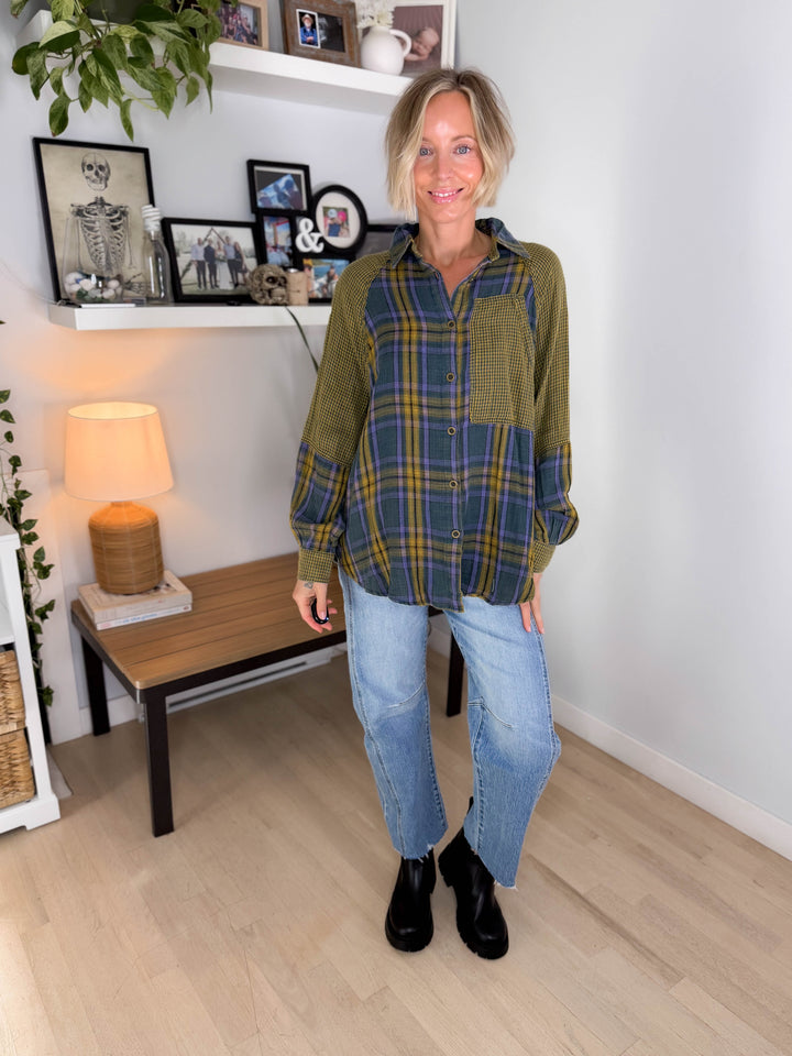 Finn Plaid Mix Cotton Tunic- TEAL GREEN