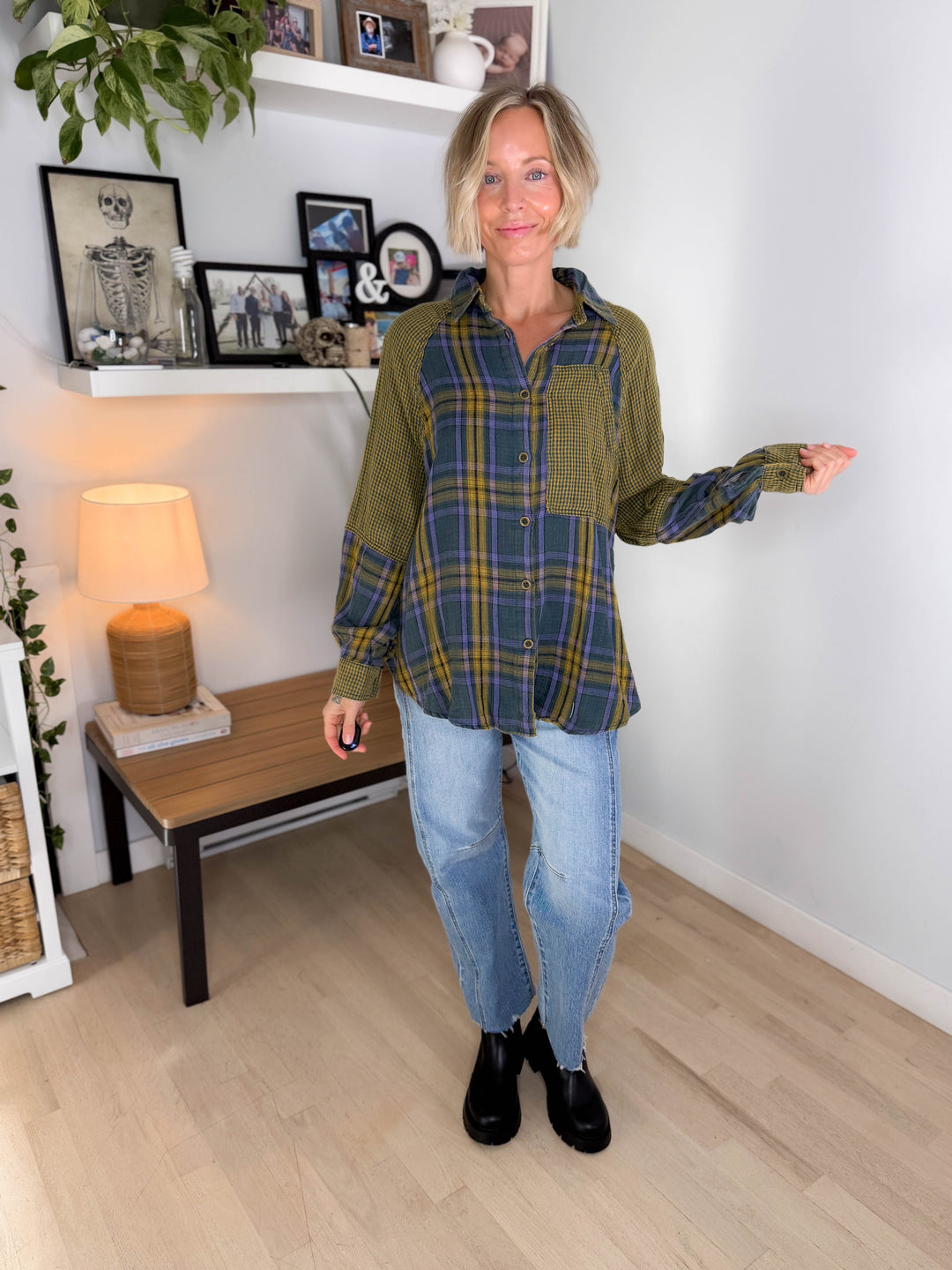 Finn Plaid Mix Cotton Tunic- TEAL GREEN