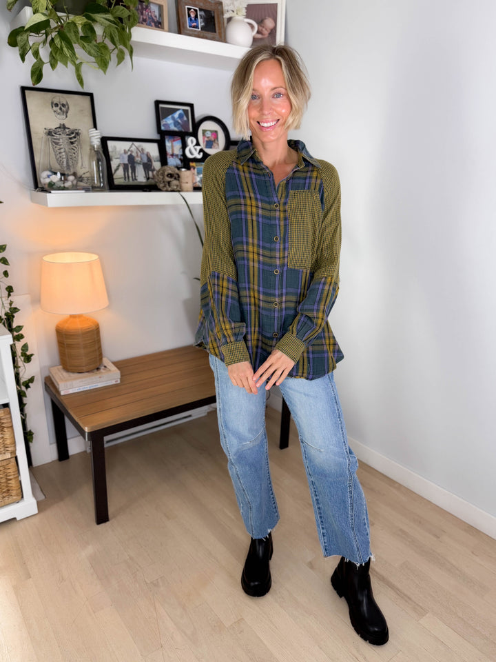 Finn Plaid Mix Cotton Tunic- TEAL GREEN