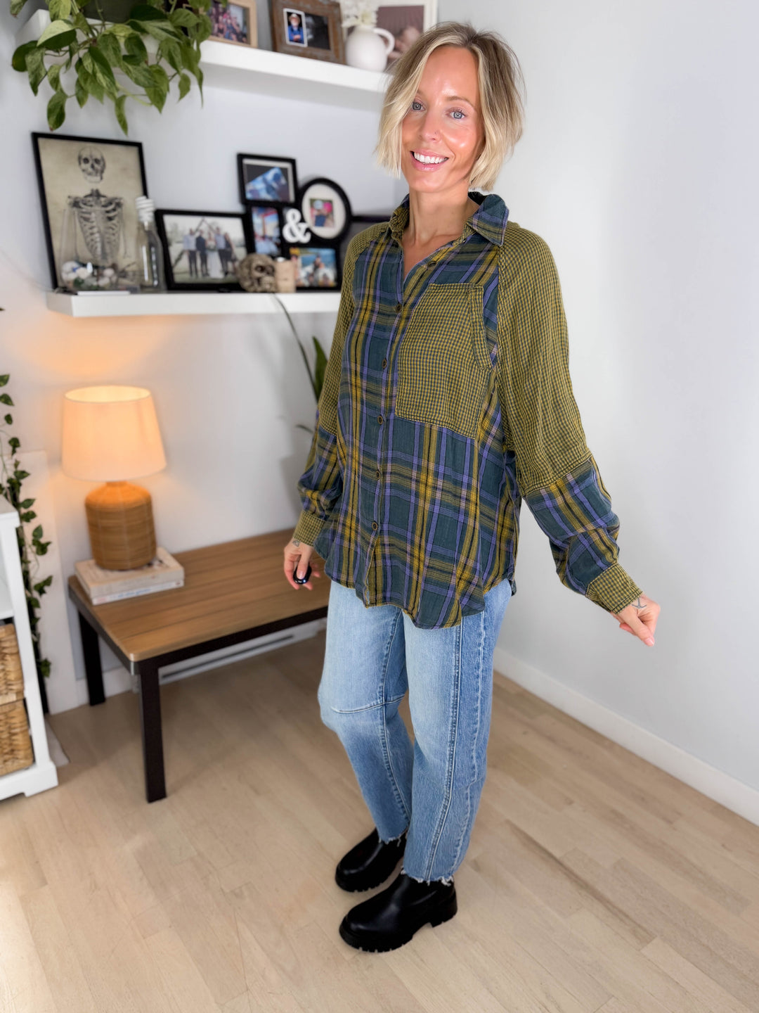 Finn Plaid Mix Cotton Tunic- TEAL GREEN