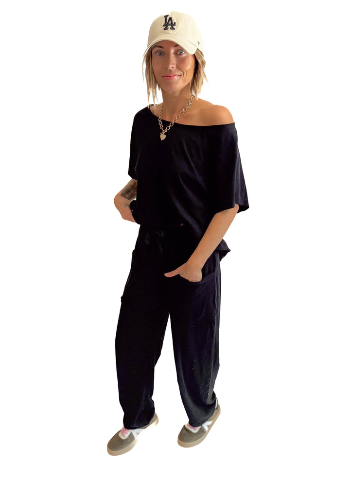 Nate Cotton Slub Barrel Pants + Top Set- BLACK