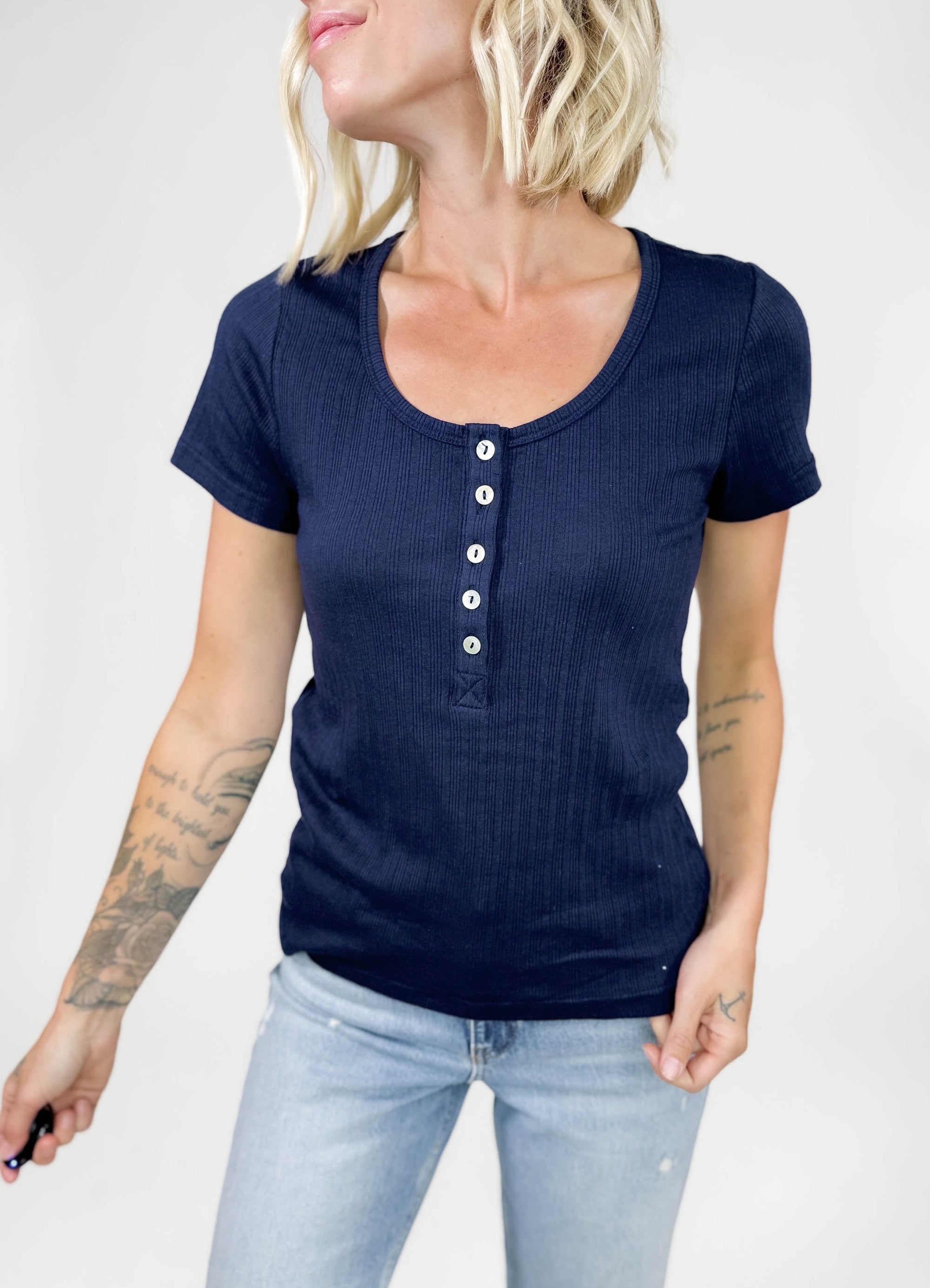 Gotta Have Ribbed Henley Short Sleeve- NAVY