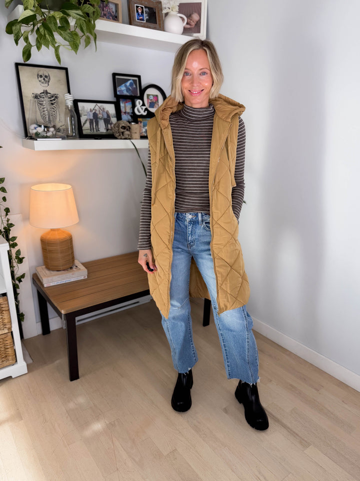 Gloria Quilted Long Puffer Hooded Vest- LATTE