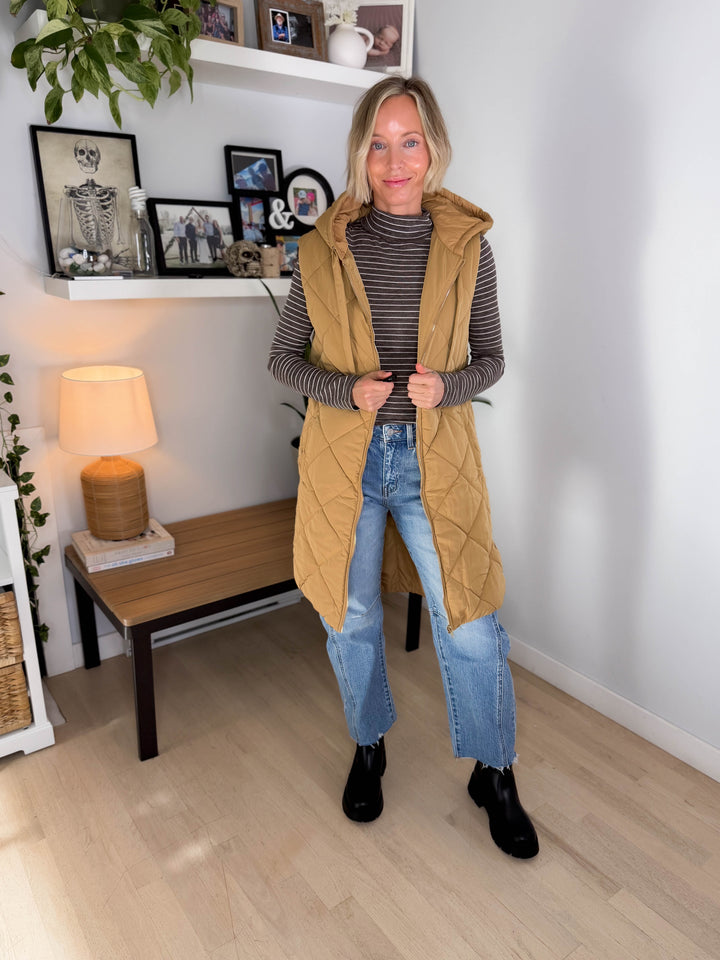 Gloria Quilted Long Puffer Hooded Vest- LATTE