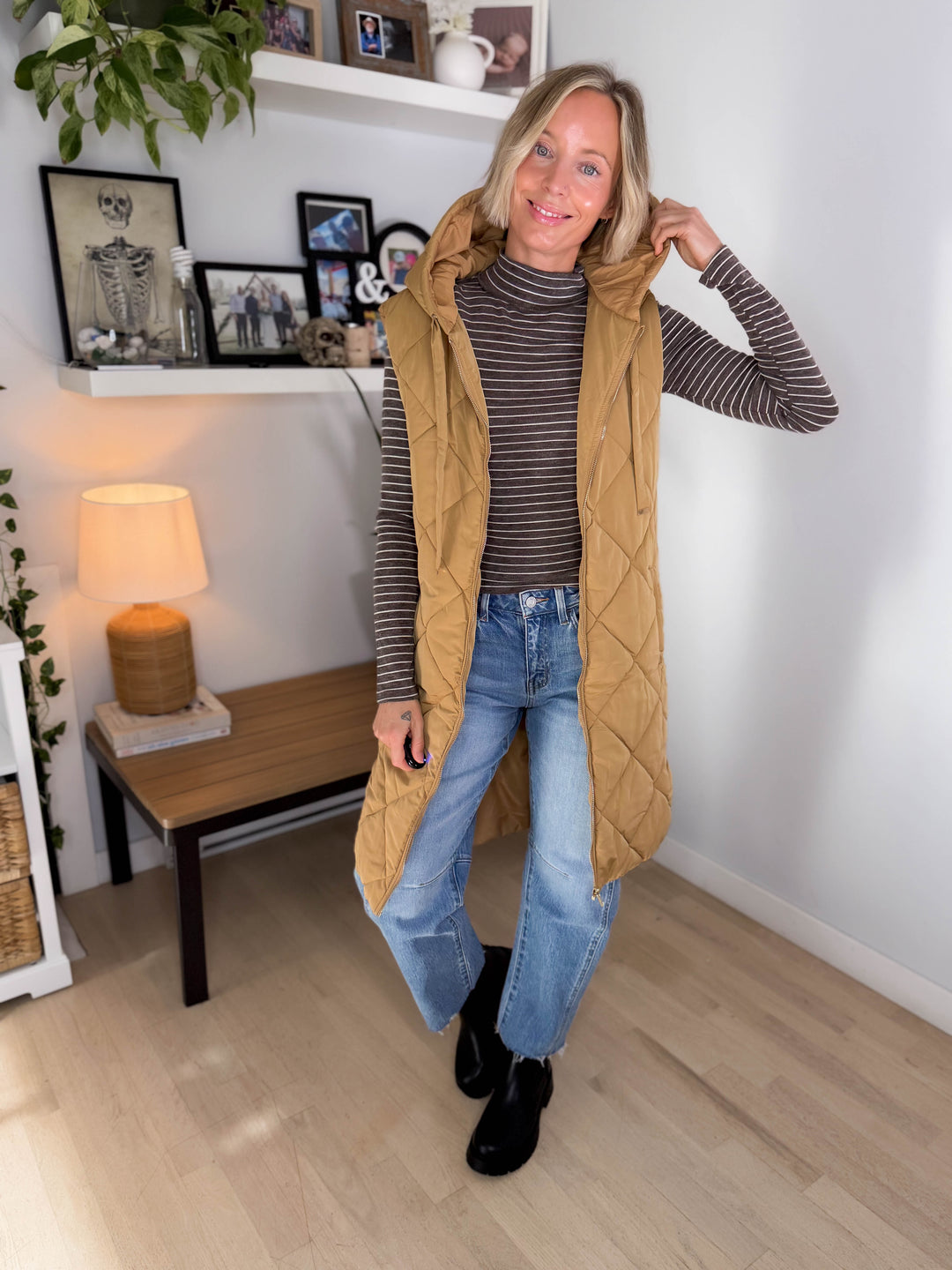 Gloria Quilted Long Puffer Hooded Vest- LATTE