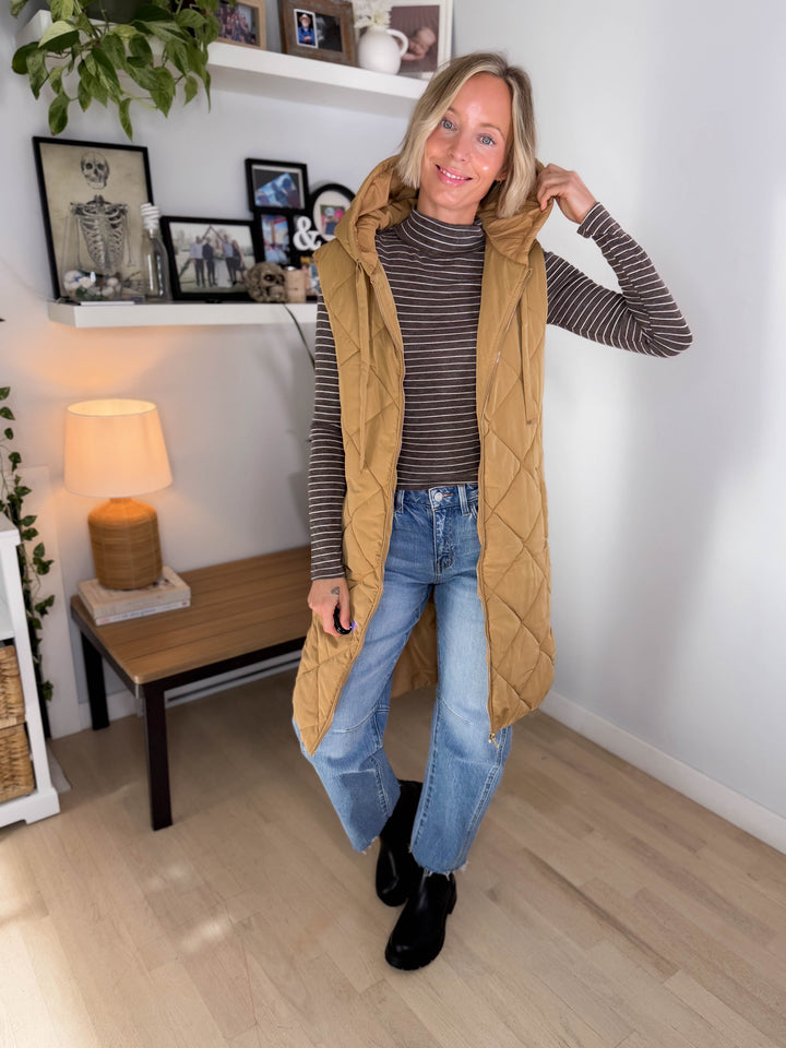 Gloria Quilted Long Puffer Hooded Vest- LATTE