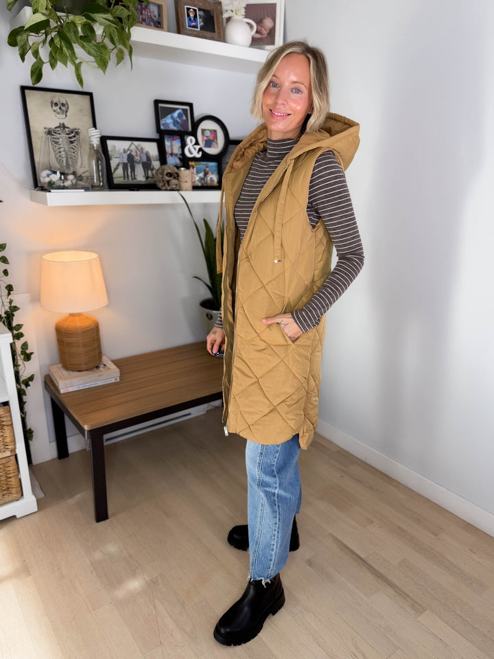 Gloria Quilted Long Puffer Hooded Vest- LATTE