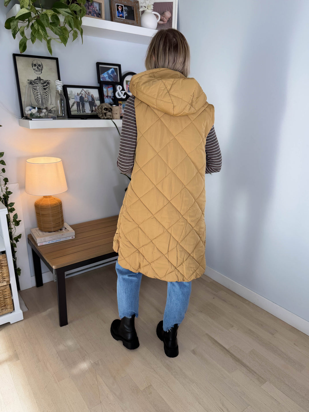 Gloria Quilted Long Puffer Hooded Vest- LATTE