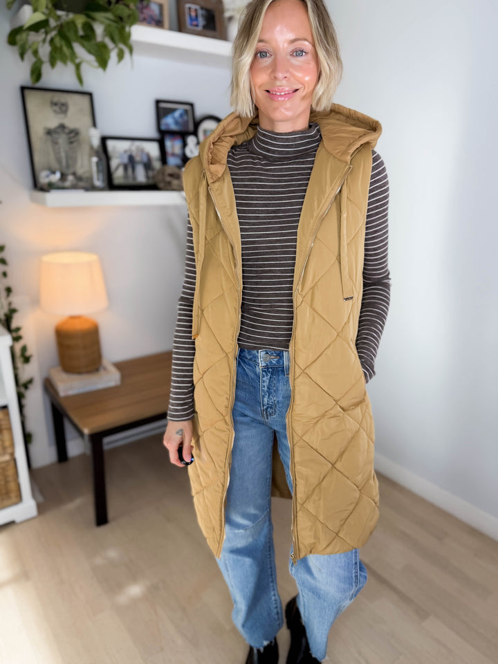 Gloria Quilted Long Puffer Hooded Vest- LATTE