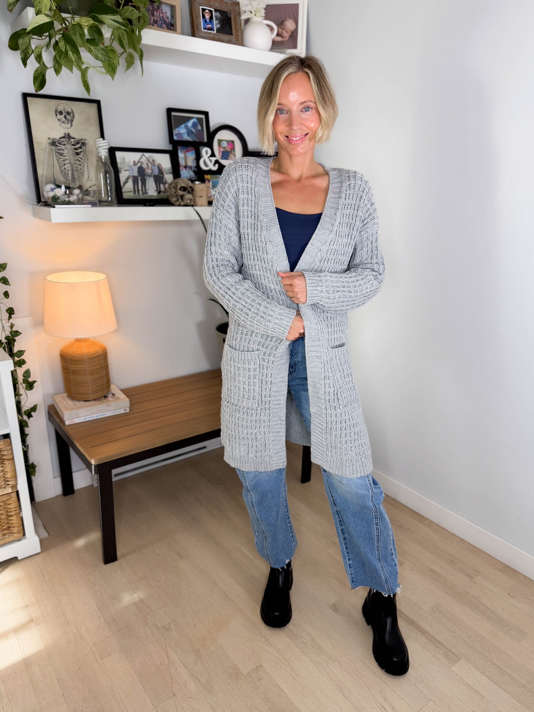 Brandi Long Waffle Knit Cardigan- HEATHER GREY