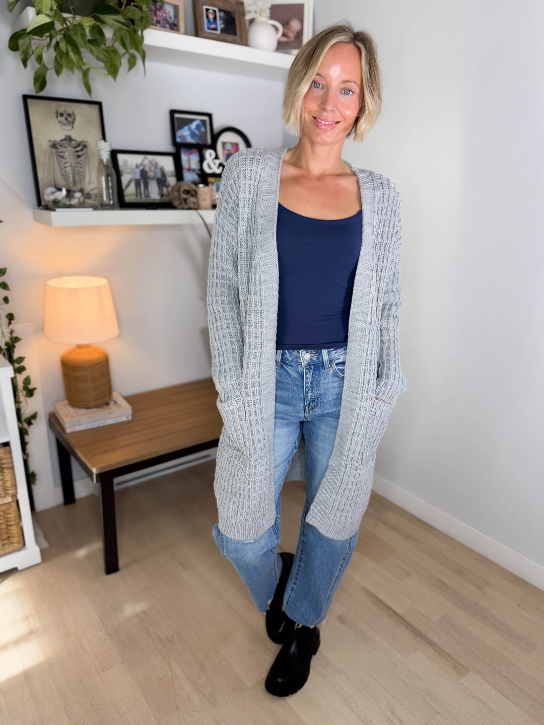 Brandi Long Waffle Knit Cardigan- HEATHER GREY
