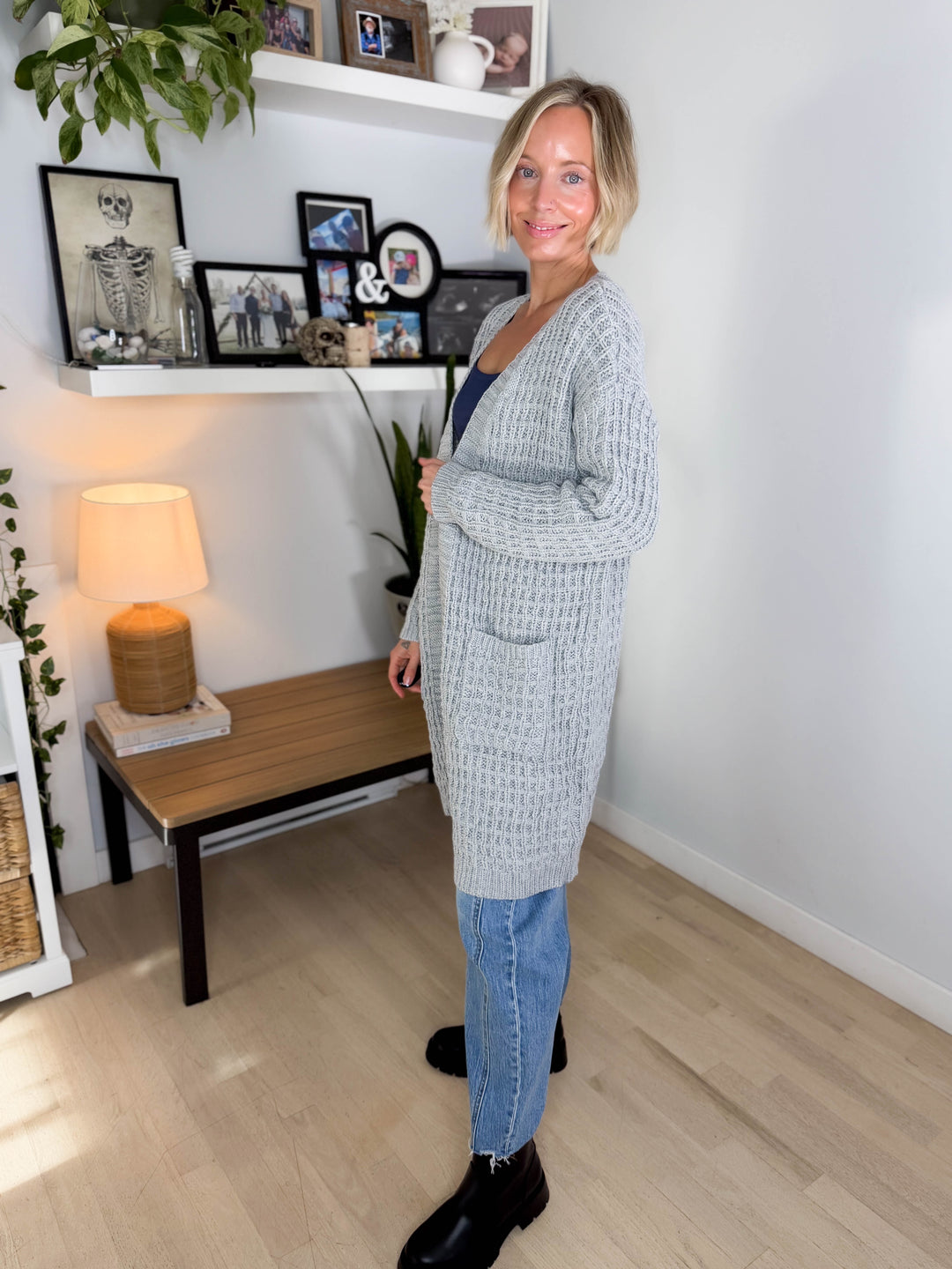 Brandi Long Waffle Knit Cardigan- HEATHER GREY