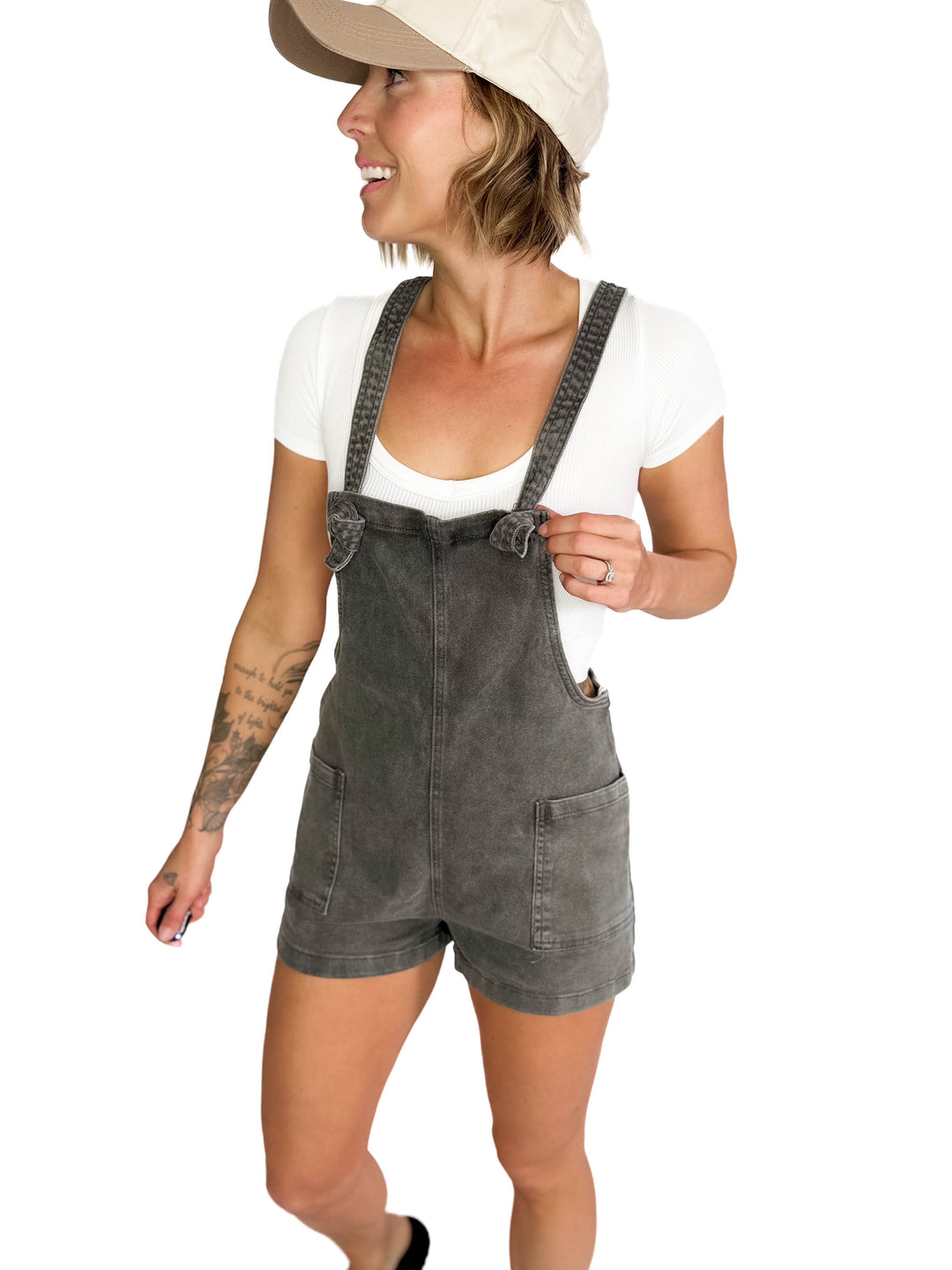 Ariel Washed Knot Strap Romper- ASH BLACK-FINAL SALE