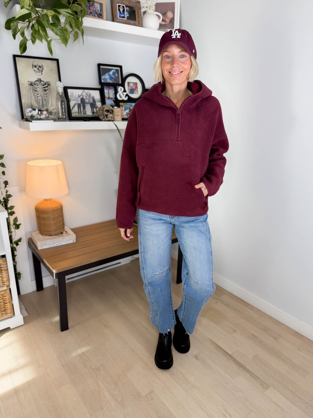 Willa 1/2 Zip Fleece Hoodie Pullover- WINE