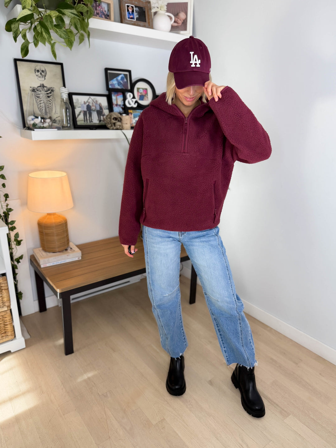 Willa 1/2 Zip Fleece Hoodie Pullover- WINE