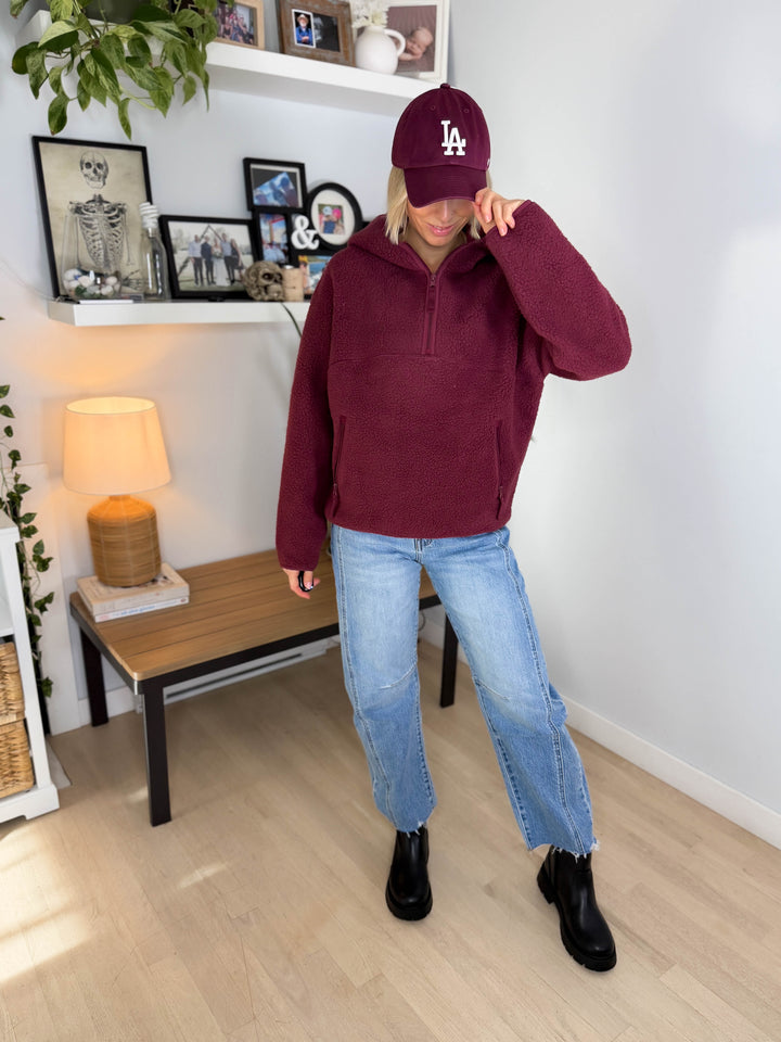 Willa 1/2 Zip Fleece Hoodie Pullover- WINE