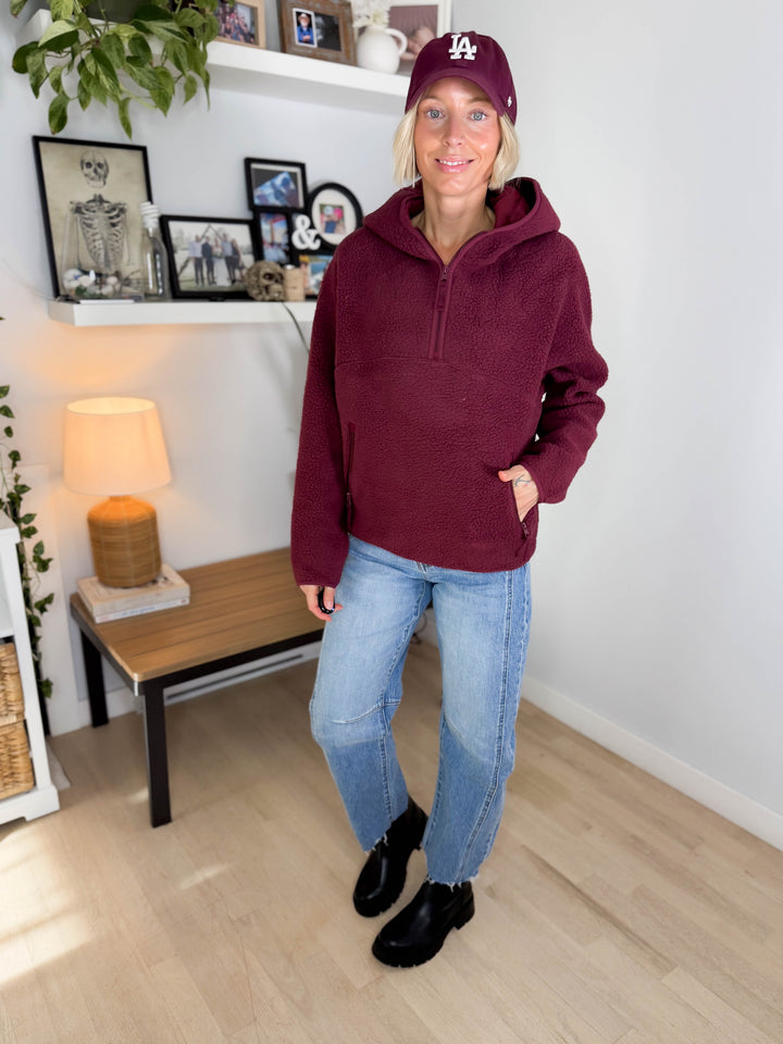 Willa 1/2 Zip Fleece Hoodie Pullover- WINE