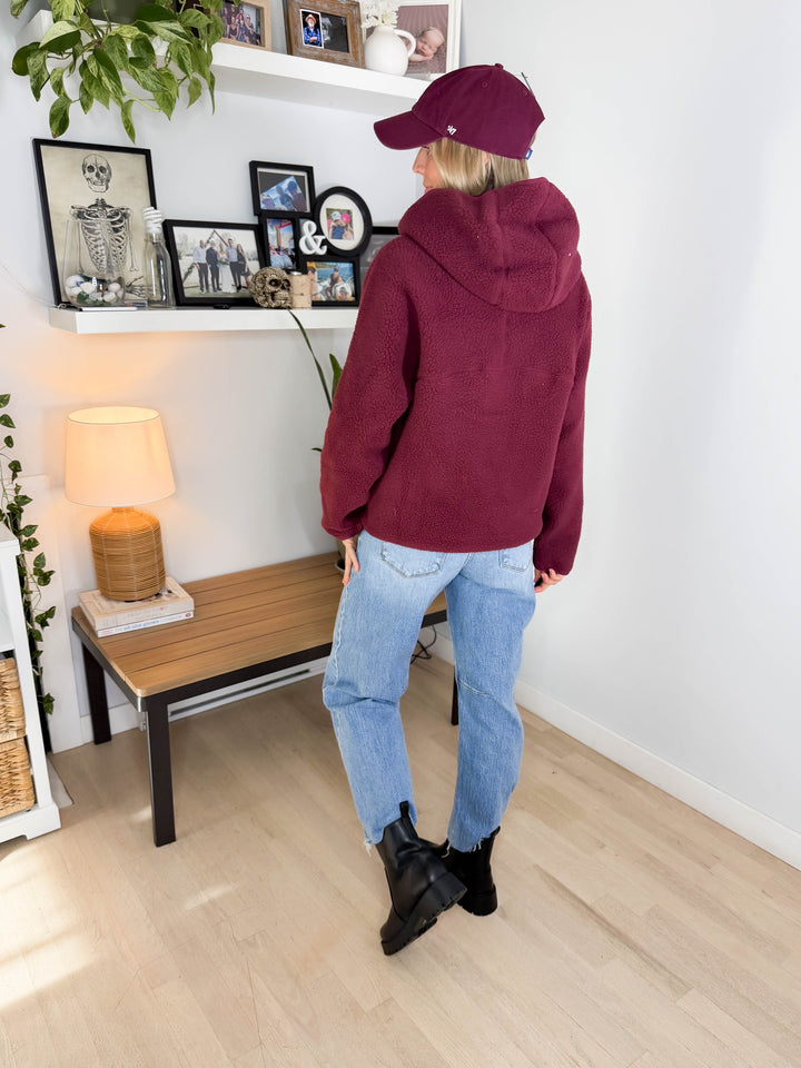 Willa 1/2 Zip Fleece Hoodie Pullover- WINE