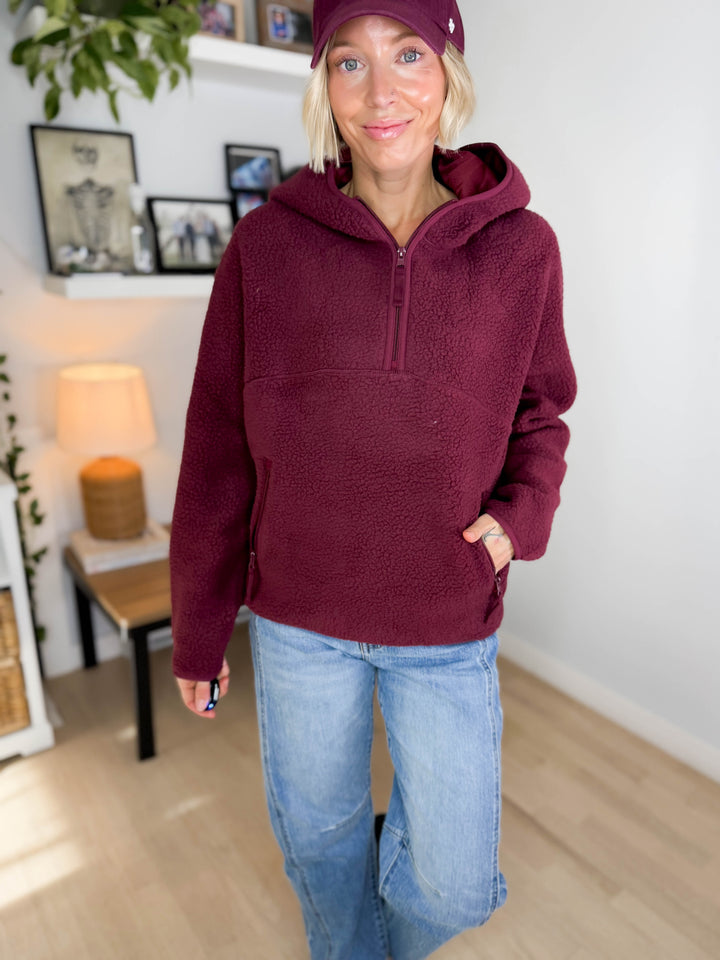 Willa 1/2 Zip Fleece Hoodie Pullover- WINE