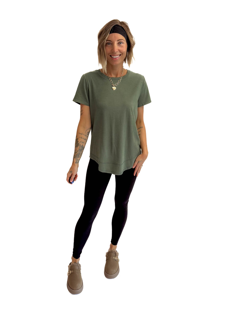 MONO B Arlene Soft Curve Pima Cotton Tee- ELDERGREEN