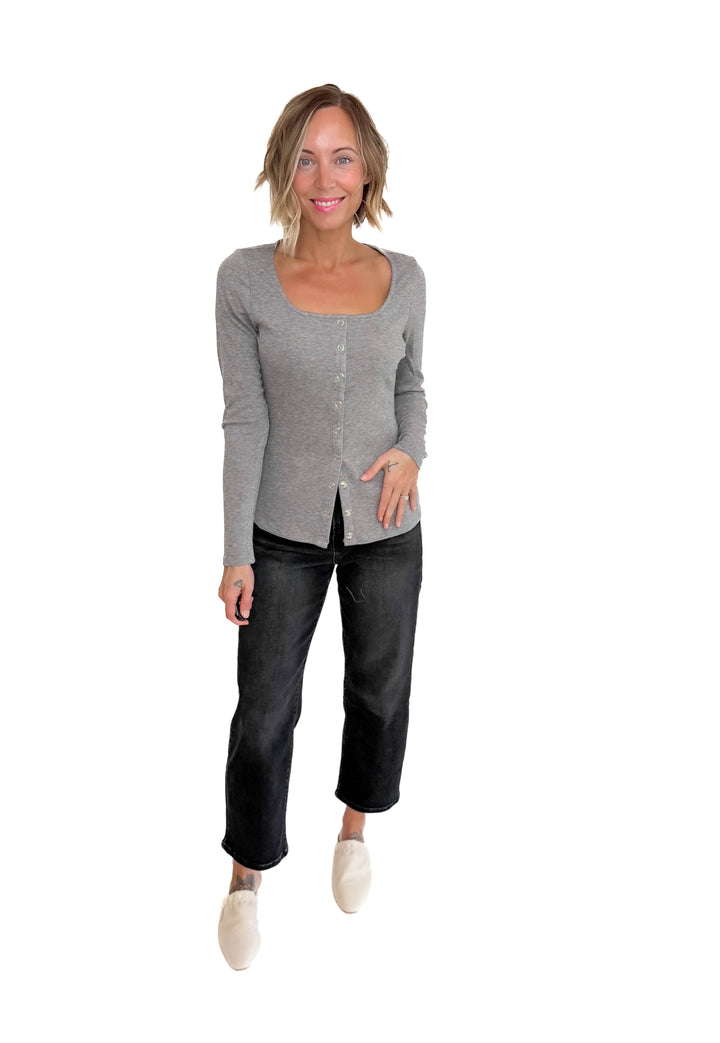 Jayda Long Sleeve Snap Button Cardigan- HTHR GREY