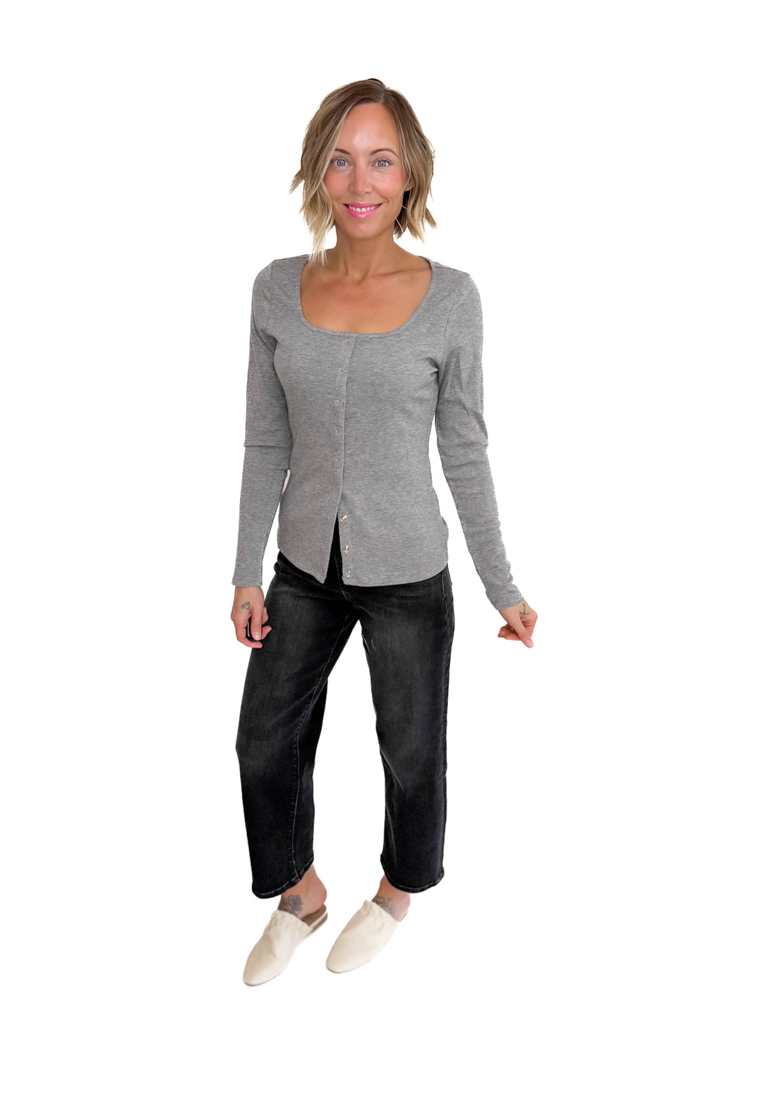 Jayda Long Sleeve Snap Button Cardigan- HTHR GREY