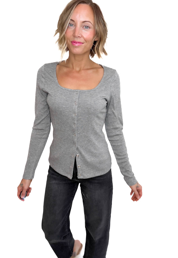 Jayda Long Sleeve Snap Button Cardigan- HTHR GREY