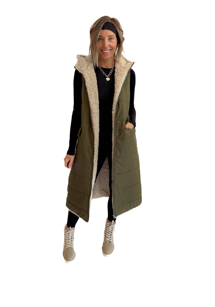 Blake Reversible Sherpa Puffer Vest- OLIVE