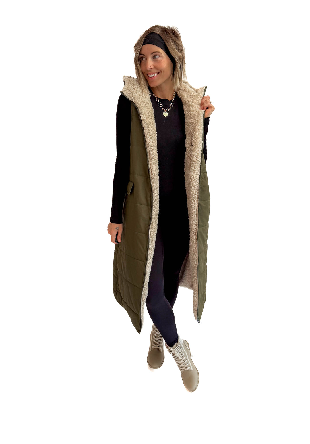 Blake Reversible Sherpa Puffer Vest- OLIVE