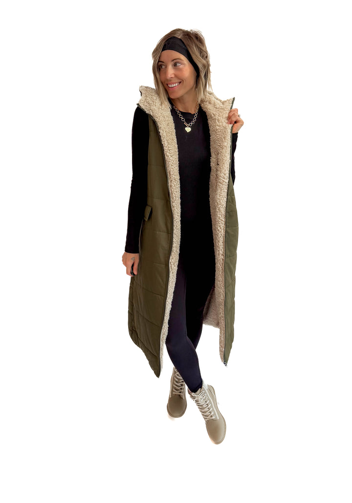 Blake Reversible Sherpa Puffer Vest- OLIVE