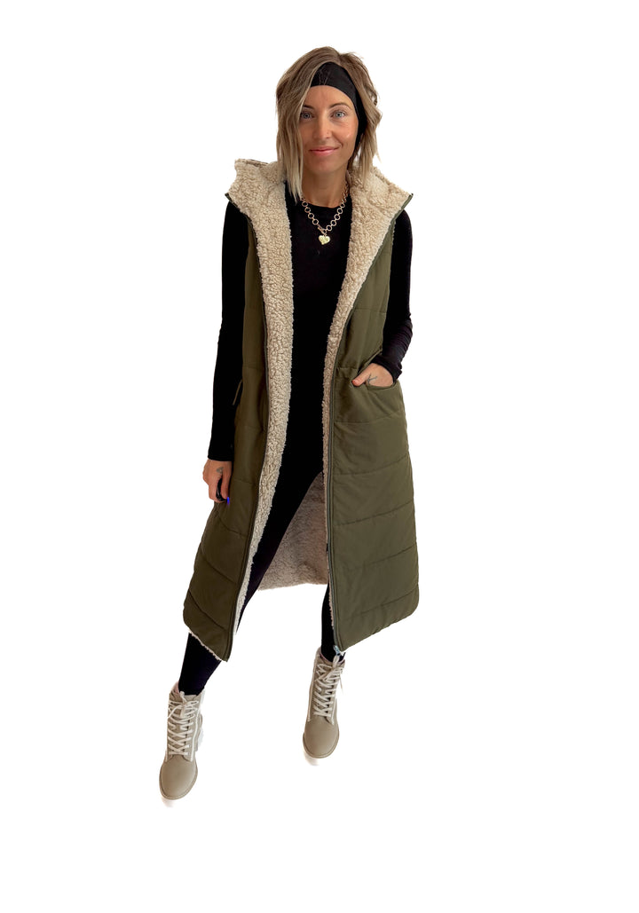 Blake Reversible Sherpa Puffer Vest- OLIVE