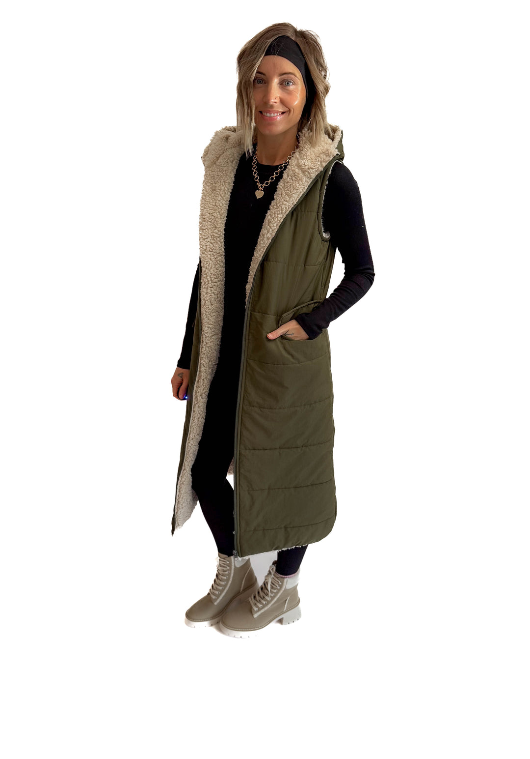 Blake Reversible Sherpa Puffer Vest- OLIVE