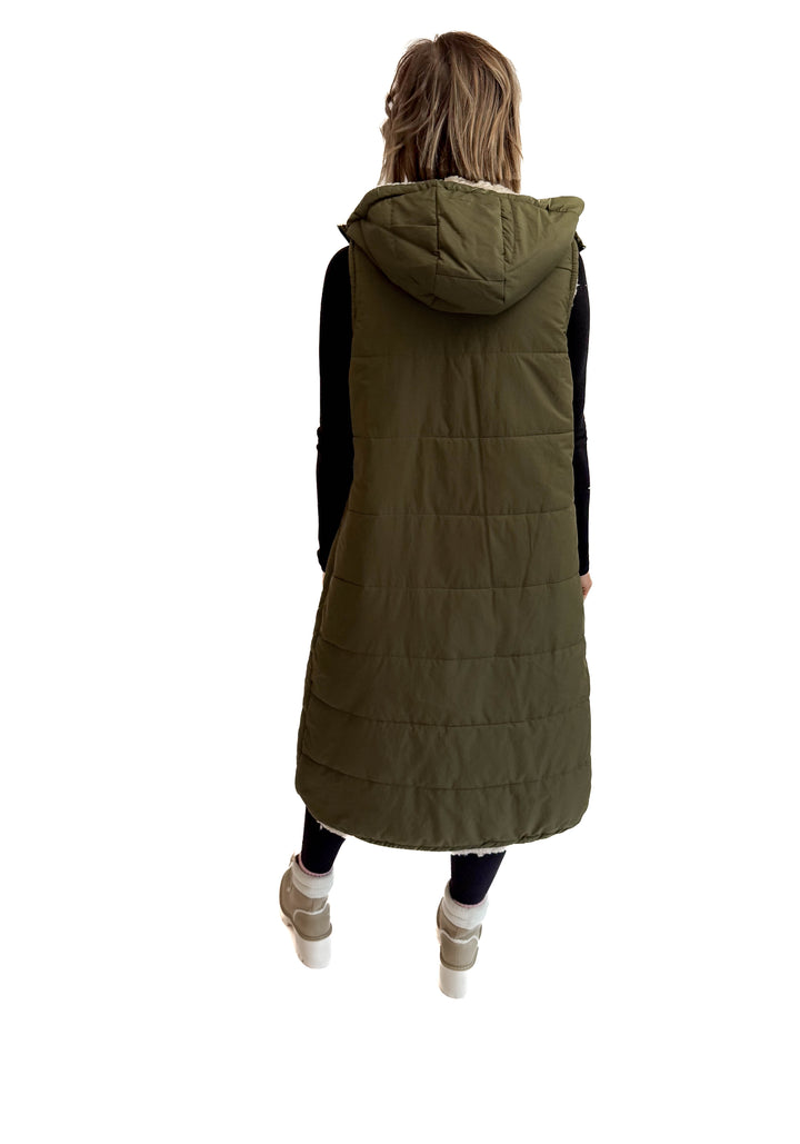 Blake Reversible Sherpa Puffer Vest- OLIVE