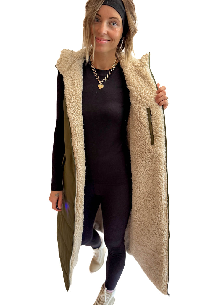 Blake Reversible Sherpa Puffer Vest- OLIVE
