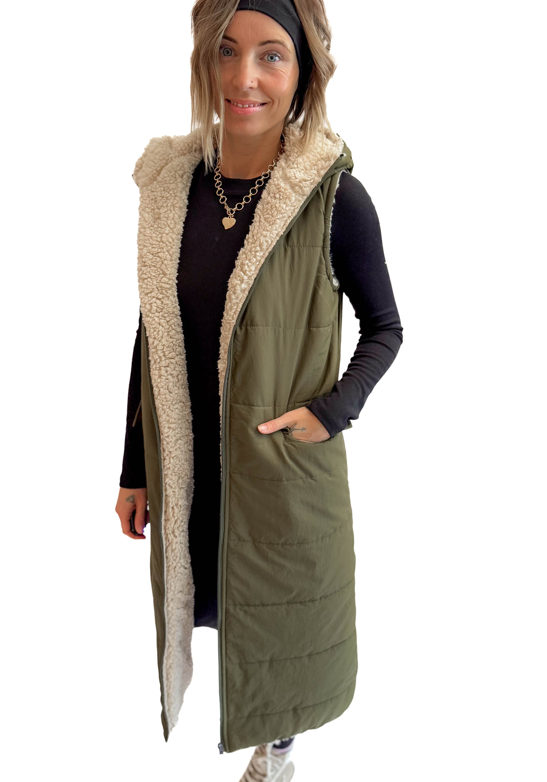 Blake Reversible Sherpa Puffer Vest- OLIVE