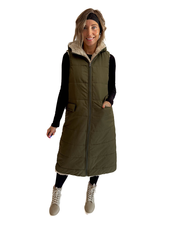 Blake Reversible Sherpa Puffer Vest- OLIVE