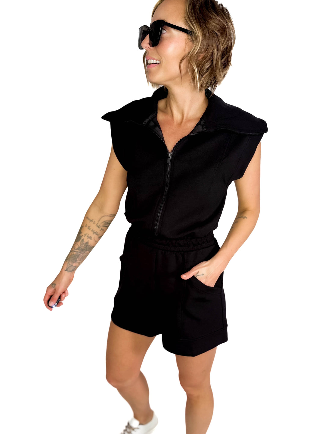 Jardine Scuba Luxe Sleeveless Romper- BLACK-FINAL SALE