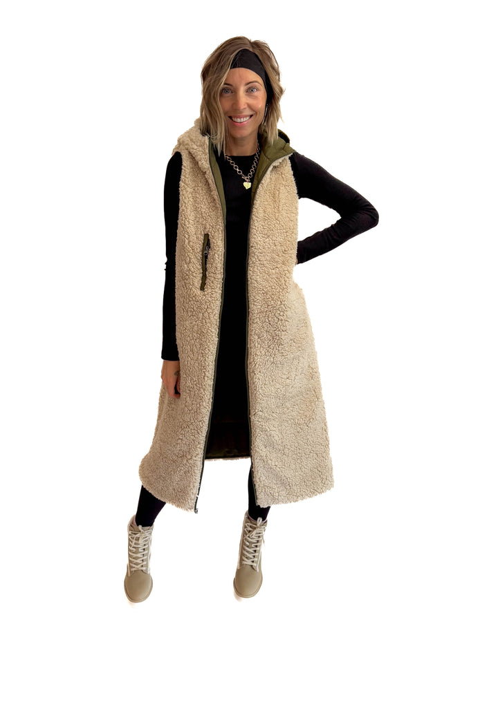 Blake Reversible Sherpa Puffer Vest- OLIVE