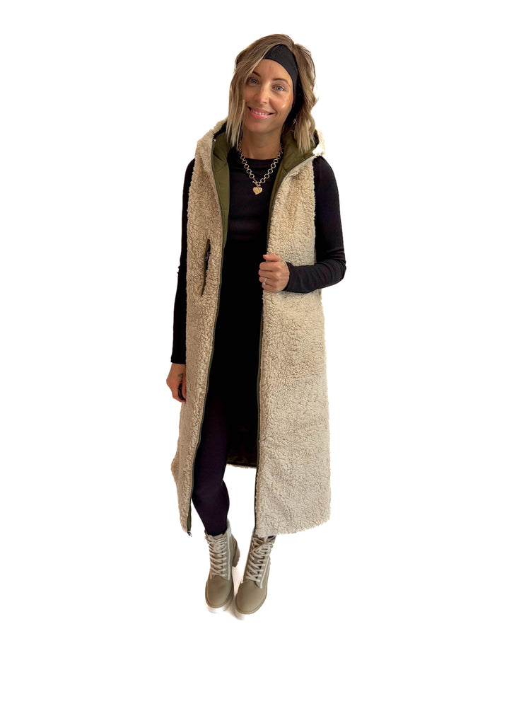 Blake Reversible Sherpa Puffer Vest- OLIVE