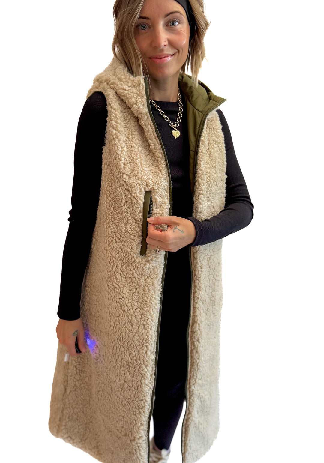 Blake Reversible Sherpa Puffer Vest- OLIVE