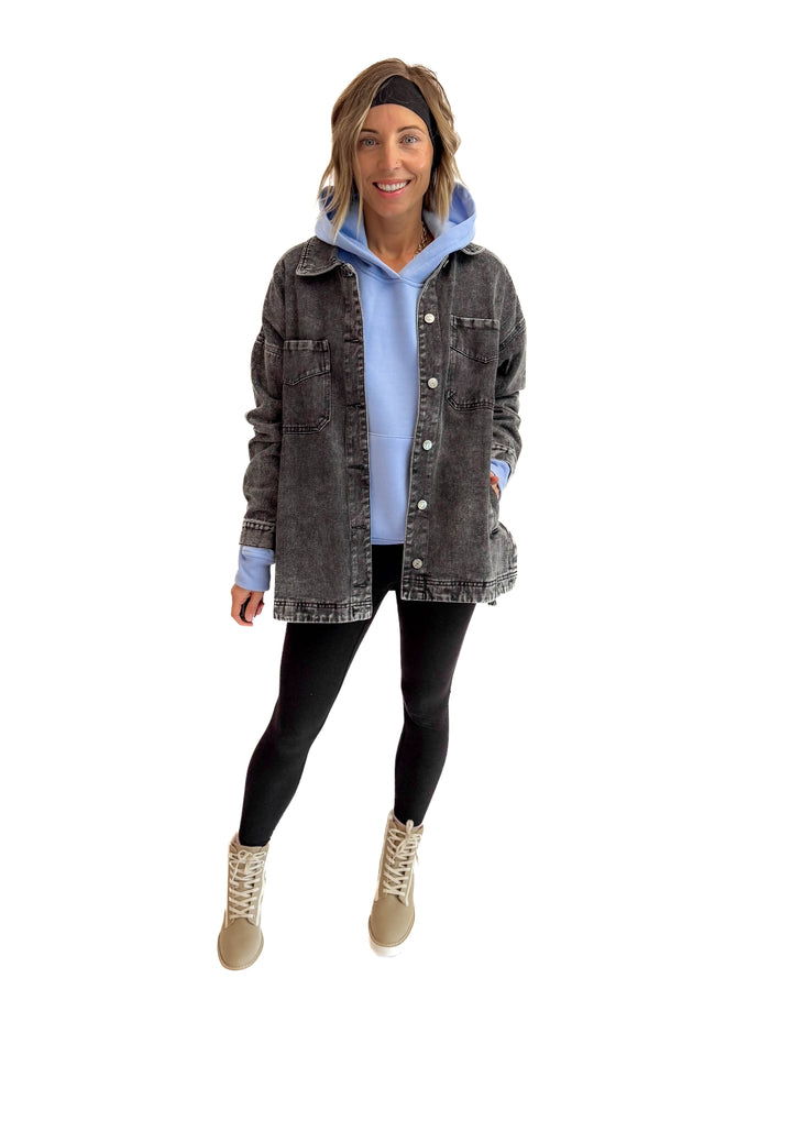 Nikki Button Down Denim Jacket- WASHED BLACK