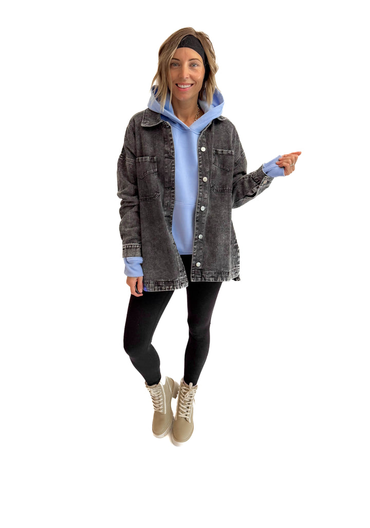 Nikki Button Down Denim Jacket- WASHED BLACK