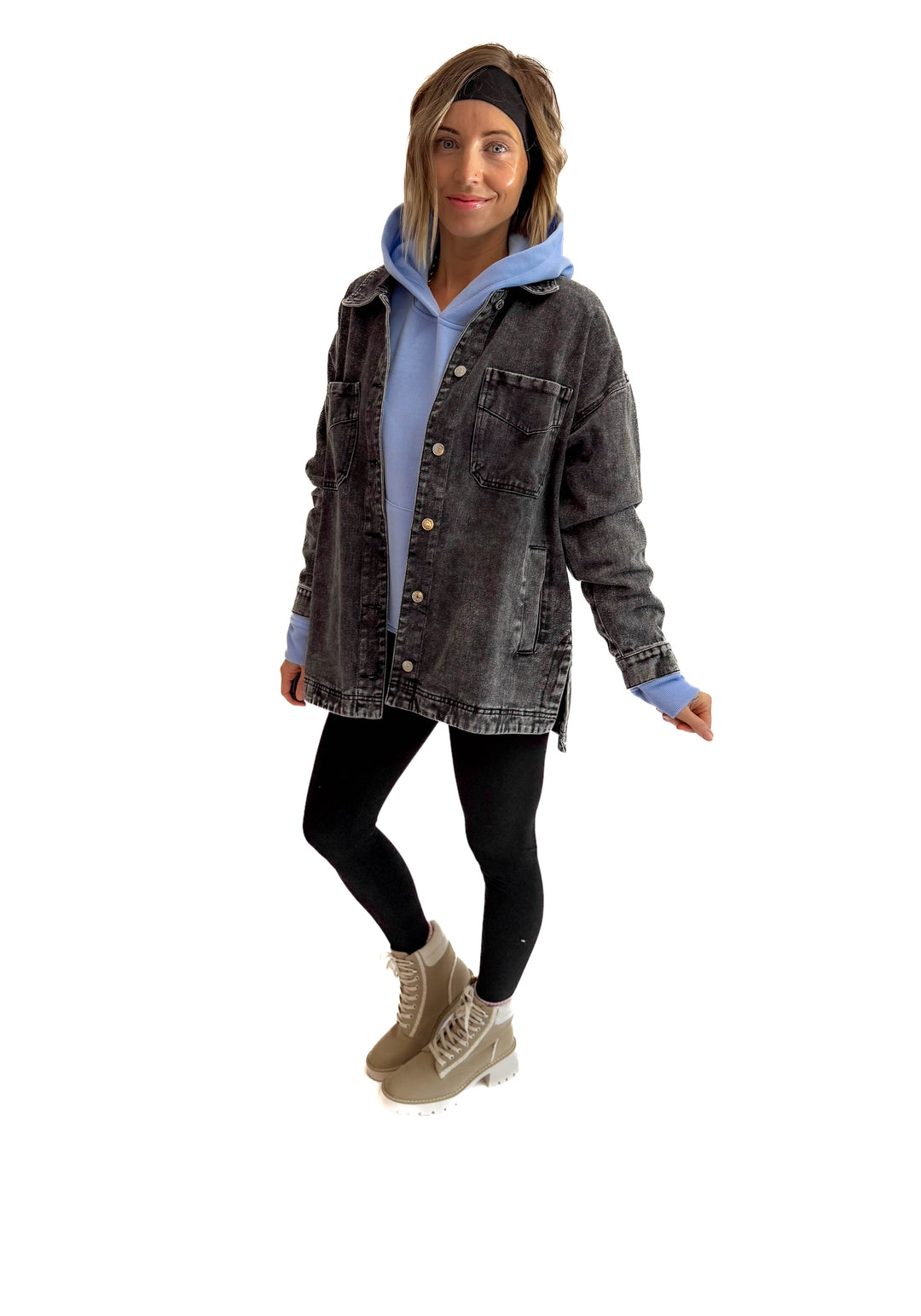 Nikki Button Down Denim Jacket- WASHED BLACK