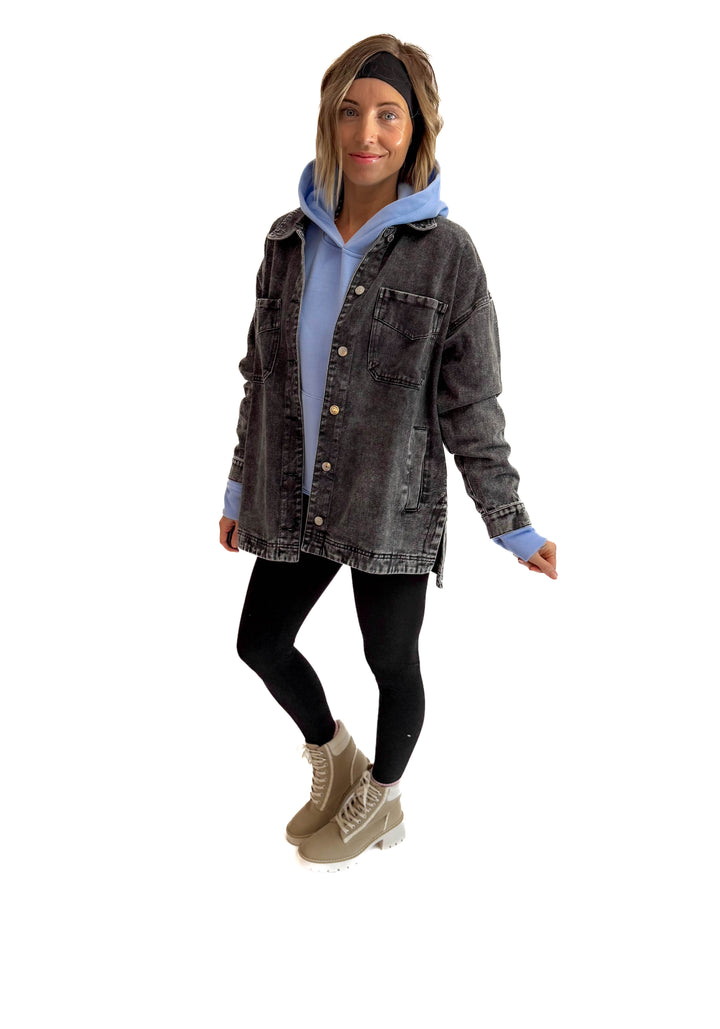 Nikki Button Down Denim Jacket- WASHED BLACK