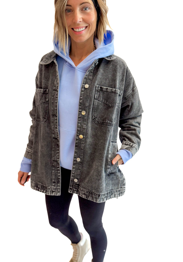 Nikki Button Down Denim Jacket- WASHED BLACK