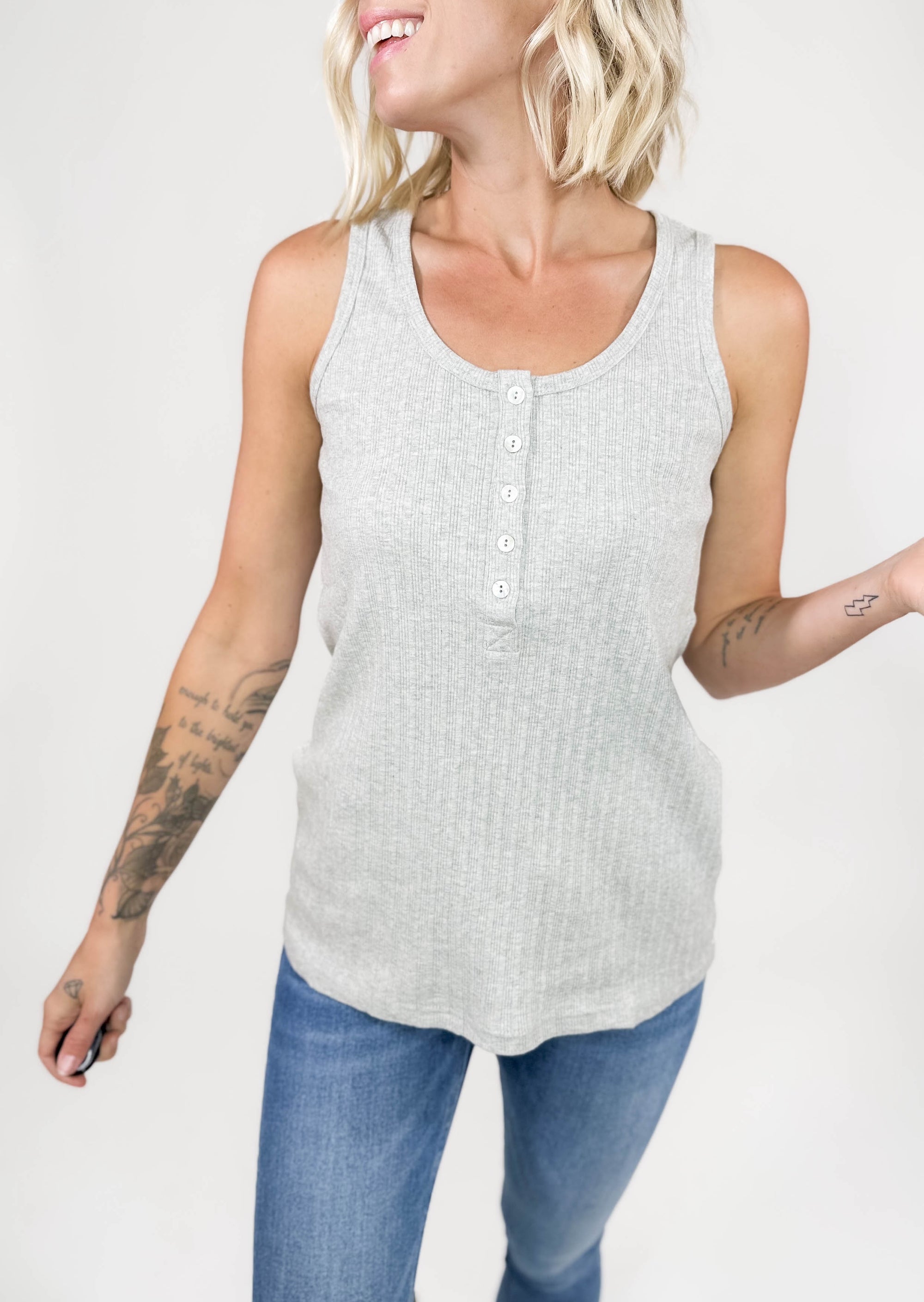 Gotta Have Ribbed Henley Tank- HTHR GREY