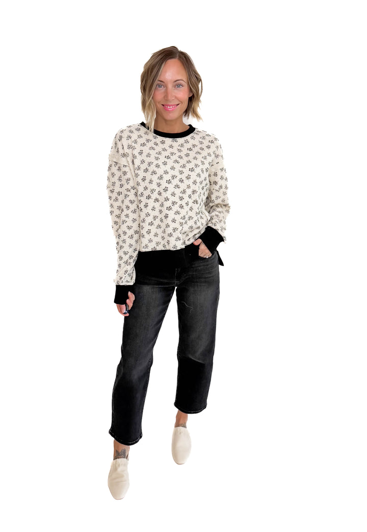 Elsa Vintage Floral Thermal Pullover- IVORY/BLACK-FINAL SALE
