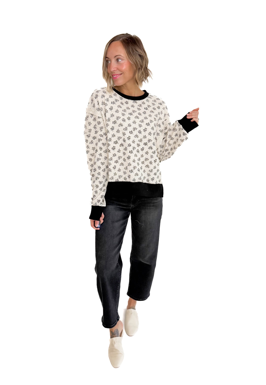 Elsa Vintage Floral Thermal Pullover- IVORY/BLACK-FINAL SALE