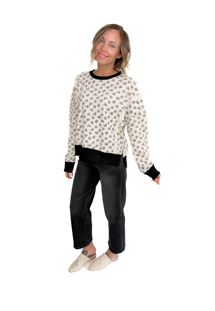Elsa Vintage Floral Thermal Pullover- IVORY/BLACK-FINAL SALE